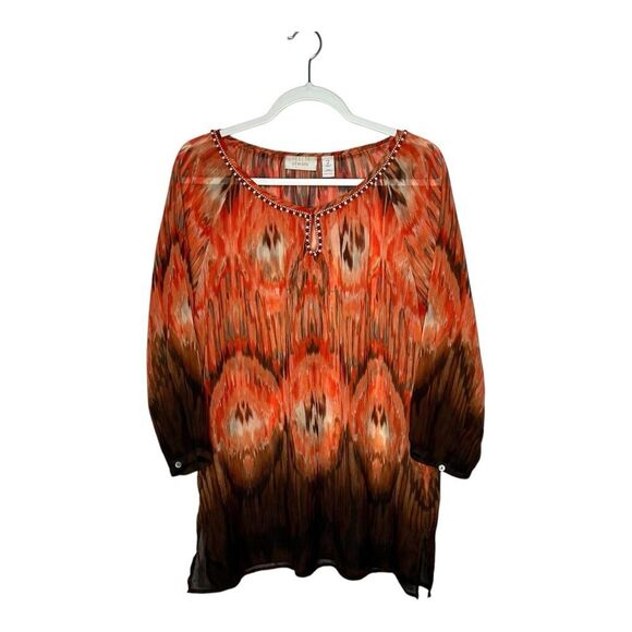 Chicos Top Womens Large Orange Sheer Beaded Chiffon 3/4 Sleeve Shirt Flowy‎ Boho - Picture 1 of 11